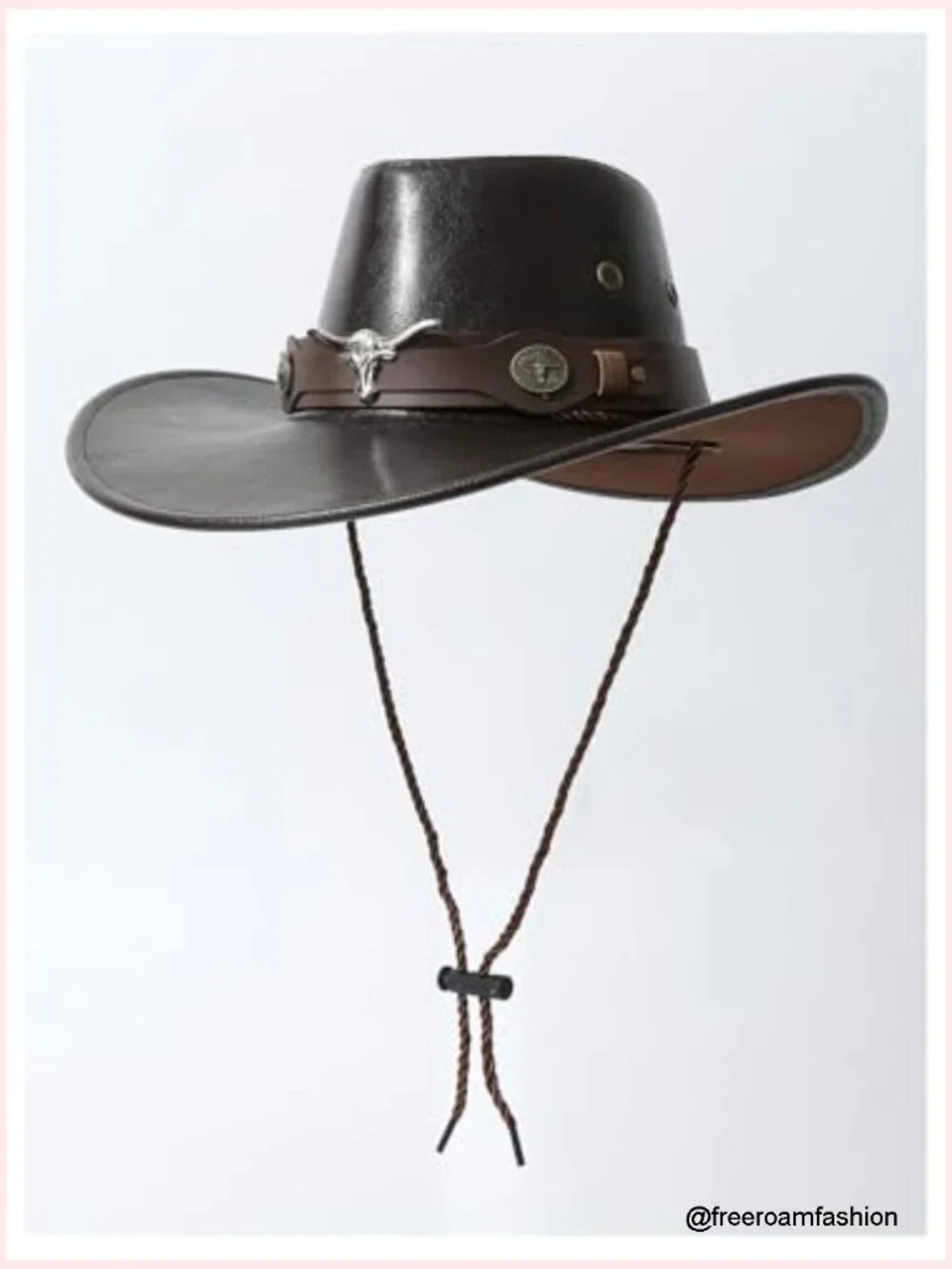 Faux Leather Cowboy Hat with Lanyard Wide Brim Western Cowgirl Hat